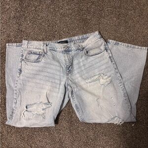 Aeropostale distressed mom jeans in a light wash denim.